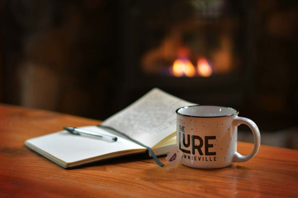 Lure mug and book in front of fireplace